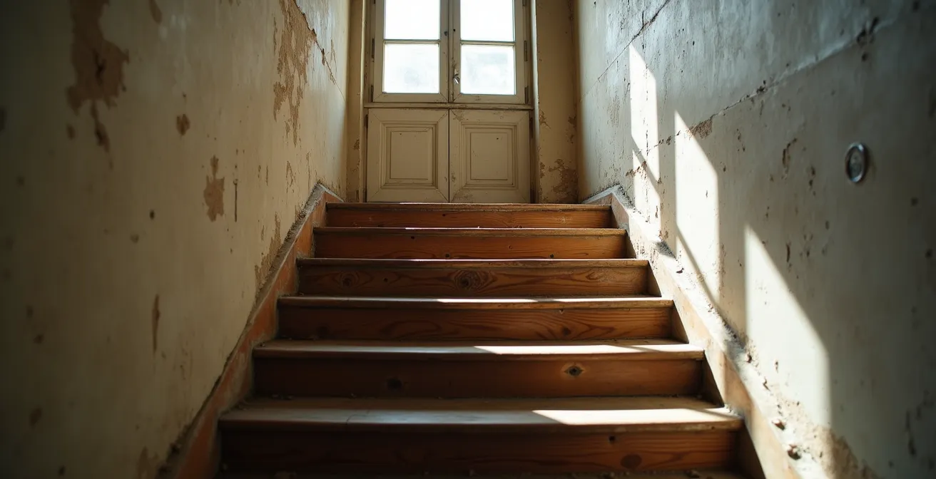Escalier étroit en bois de chêne menant à l'appartement de Boris Vian