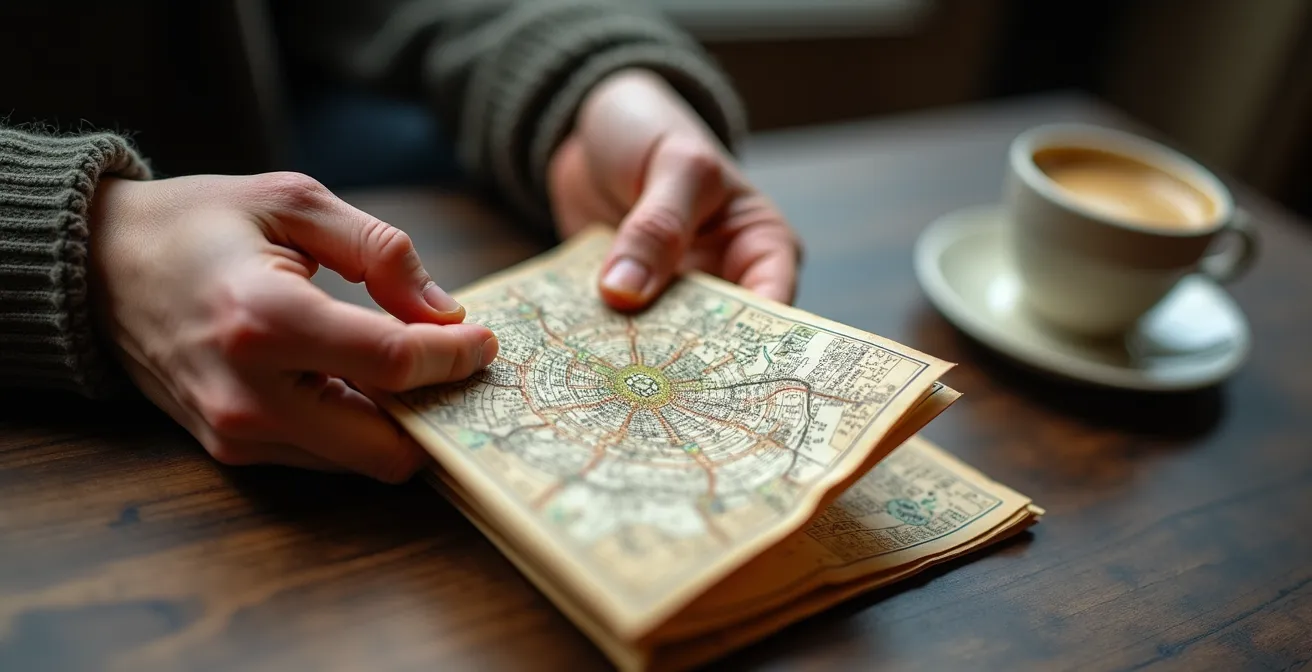 Mains tenant une carte vintage de Paris avec annotations manuscrites