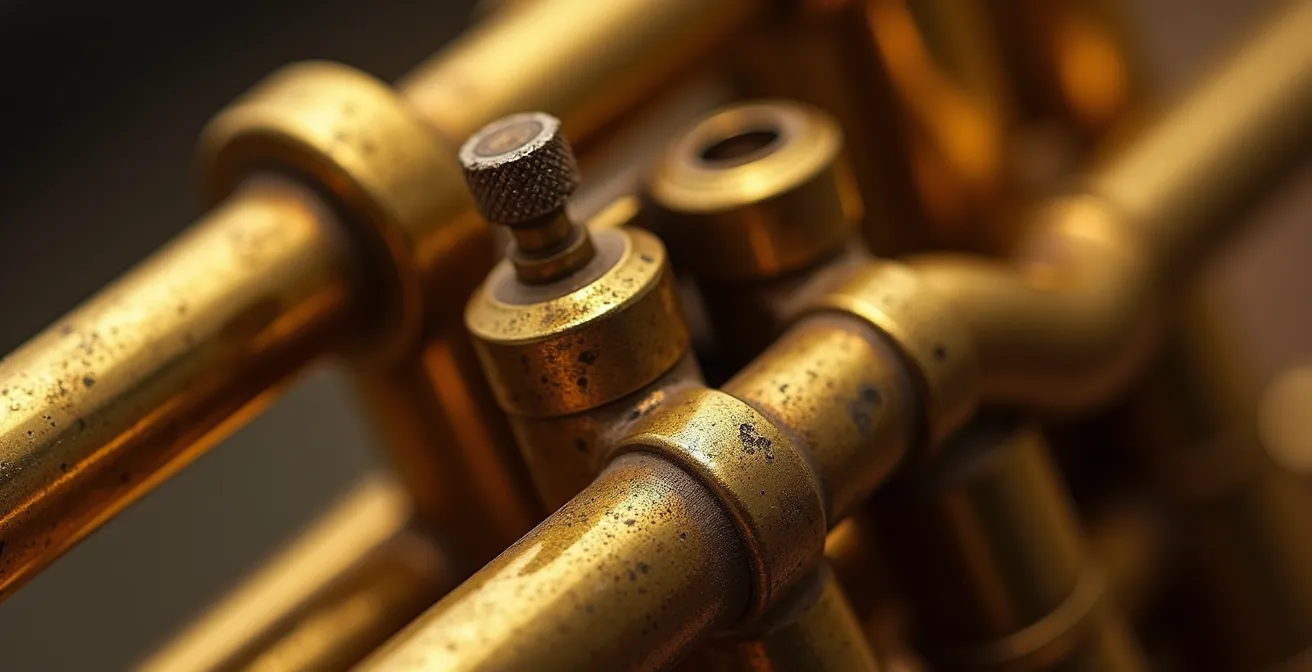 Détail macro d'une trompette vintage avec reflets dorés